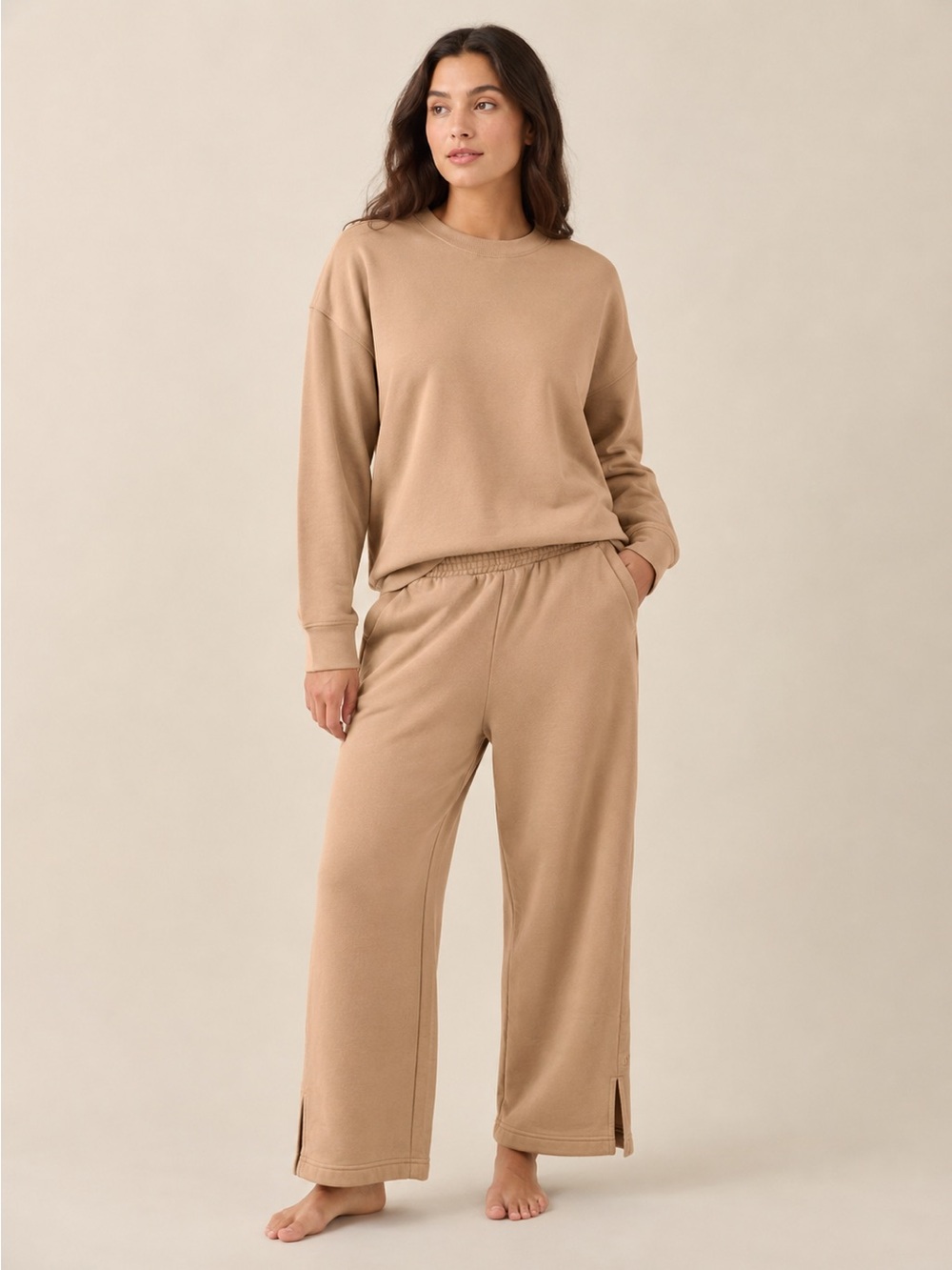 Pact Organic Cotton Wide Leg Cropped Sweat Pants Tan Brown Elastic Waist Large